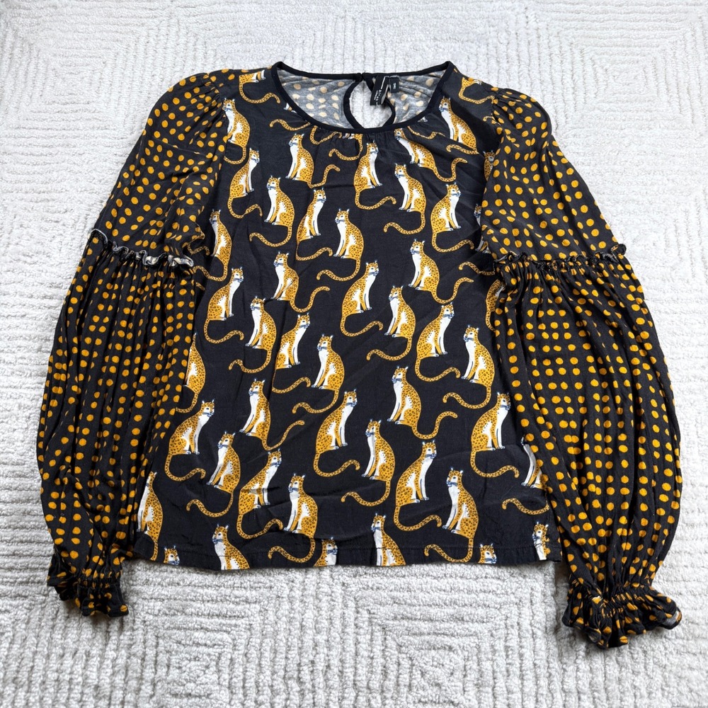 Blank London Leopard Polka Dot Blouse Women's Small Black Anthropologie Boho